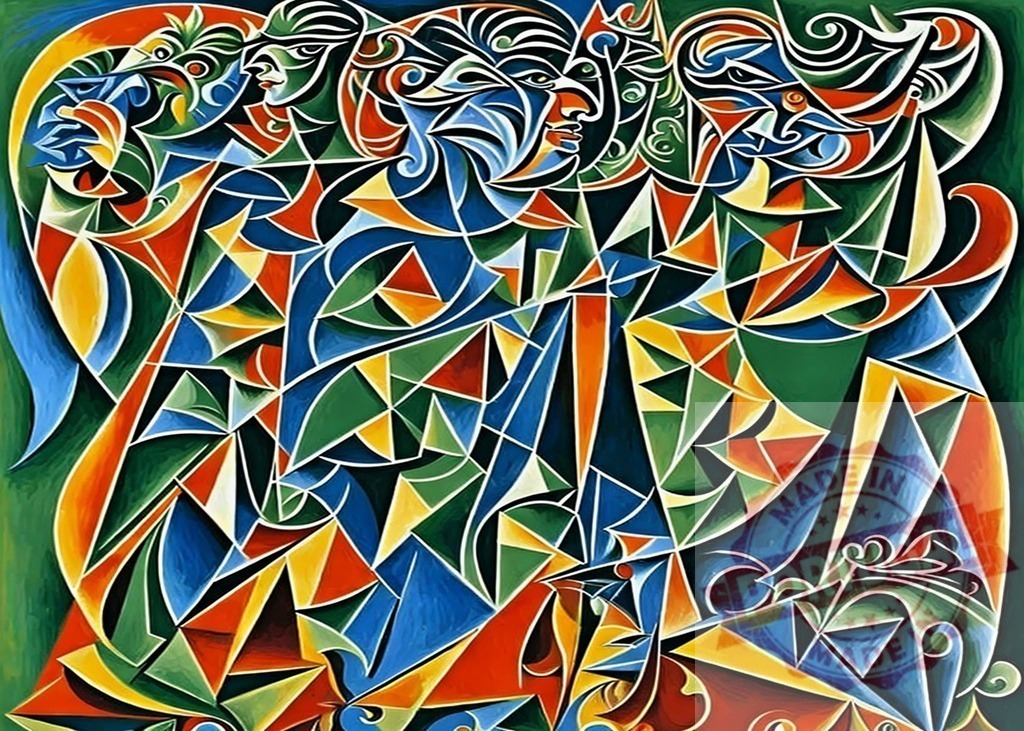 Abstract cubist figures in colorful geometric painting. AI Experiments | Vibrant abstract painting displaying geometric shapes and fragmented human figures - Realized with Pictrs.com