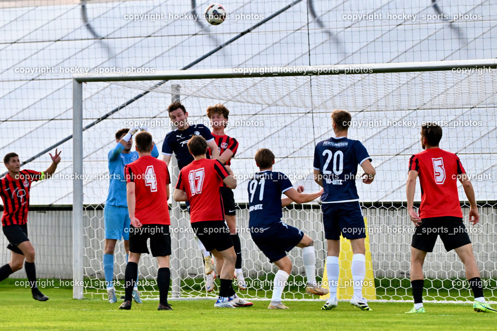 SC St. Veit vs. FC Nussdorf Debant | #5 Ivan Makovec FC Nussdorf Debant, #20 Felix Pertlwieser SC St. Veit, #91 Raphael Lukas Kulterer SC St. Veit, #17 Julian Graf FC Nussdorf Debant, #4 Tobias Jeller FC Nussdorf Debant, #1 Benjamin Unterwurzacher FC Nussdorf Debant, #7 Aleksandar Simic FC Nussdorf Debant, SC St. Veit vs. FC Nussdorf Debant, SC St. Veit vs. FC Nussdorf Debant am 22.08.2025 in St. Veit an der Glan (Jacques Lemans Arena), Austria, (Photo by Bernd Stefan)