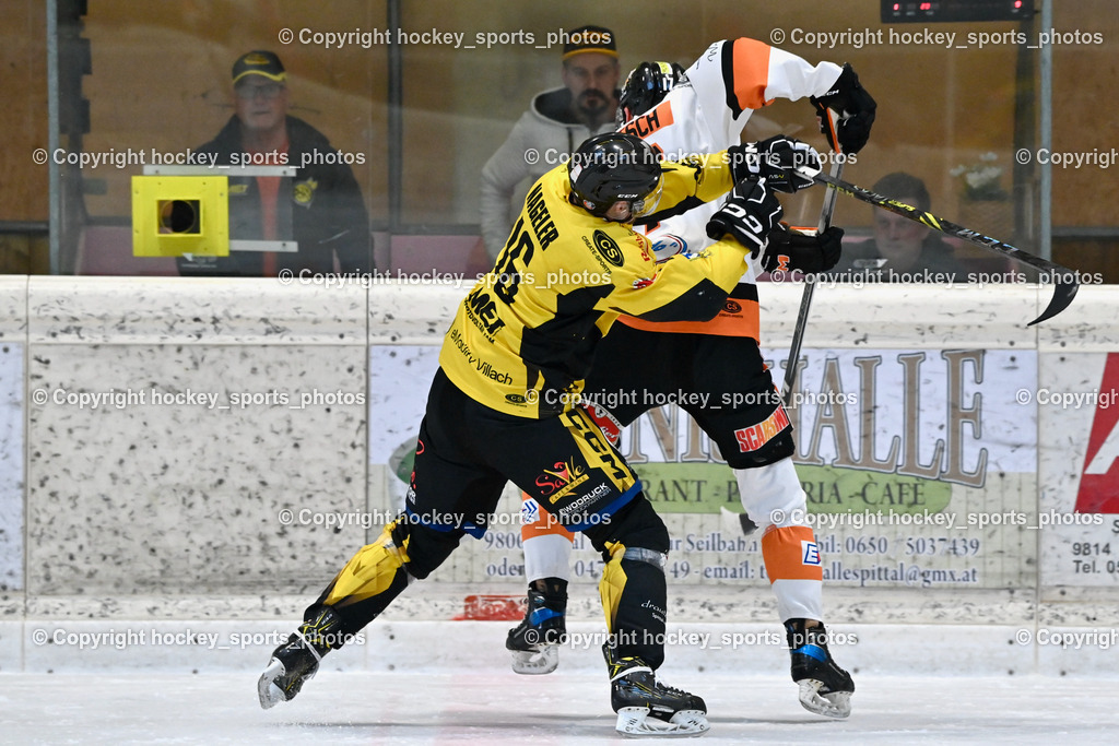 EC Hornets Spittal vs. USC Piraten Velden 18.2.2024 | #16 Nageler Daniel EC Hornets Spittal, #17 Hobitsch Samuel USC Velden, EC Hornets Spittal vs. USC Piraten Velden 18.2.2024, EC Hornets Spittal vs. USC Piraten Velden 18.2.2024 am 18.02.2024 in Spittal an der Drau (Eissportzentrum Spittal), Austria, (Photo by Bernd Stefan)