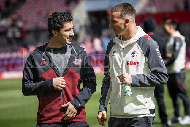 German Bundesliga,  1. FC Koeln - Bayer 04 Leverkusen, 25.04.2026 | KOELN, GERMANY - APRIL 25, 2026 :  dIbrahim Maza (Bayer 04 Leverkusen, 30) and Said El Mala  (1. FC Koeln, 13) before the German Bundesliga match on gameday 31 between 1. FC Koeln - Bayer 04 Leverkusen at RheinEnergieSTADION on April 25, 2026 in Koeln, Germany. DFL REGULATIONS PROHIBIT ANY USE OF PHOTOGRAPHS AS IMAGE SEQUENCES AND/OR QUASI-VIDEO.