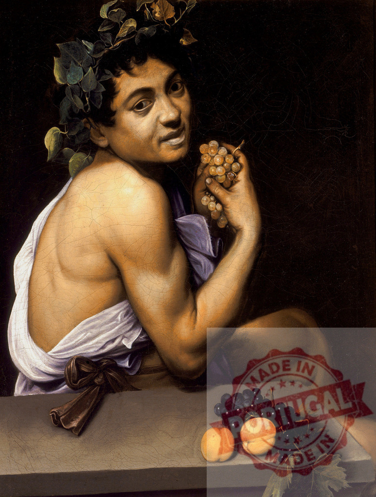 Art by Carravagio Young man with vine leaves on head holding grapes and fruit | Caravaggio Young Sick Bacchus self-portrait painting depicting youth - Realisiert mit Pictrs.com