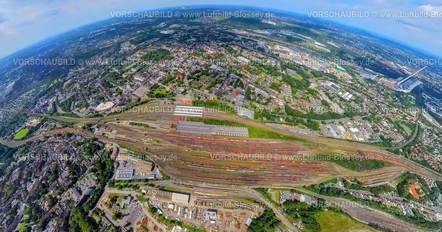 Herne230890080 Wanne-Eickel | Luftbild, Wanne-Eickel Hauptbahnhof und Güterbahnhof Herne, Gleisanlagen, Erdkugel, Fisheye Aufnahme, Fischaugen Aufnahme, 360 Grad Aufnahme, tiny world, Wanne, Herne, Ruhrgebiet, Nordrhein-Westfalen, Deutschland