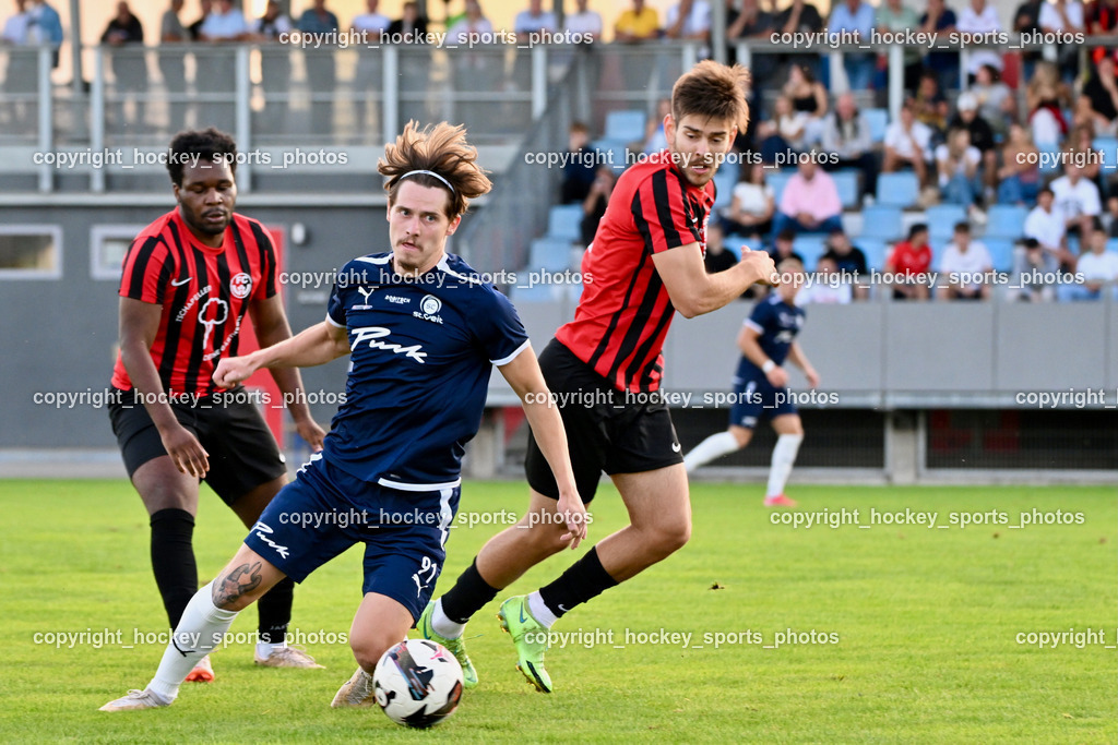 SC St. Veit vs. FC Nussdorf Debant | #10 Rashidi Mohamed Udikaluka FC Nussdorf Debant, #91 Raphael Lukas Kulterer SC St. Veit, #5 Ivan Makovec FC Nussdorf Debant, SC St. Veit vs. FC Nussdorf Debant, SC St. Veit vs. FC Nussdorf Debant am 22.08.2025 in St. Veit an der Glan (Jacques Lemans Arena), Austria, (Photo by Bernd Stefan)