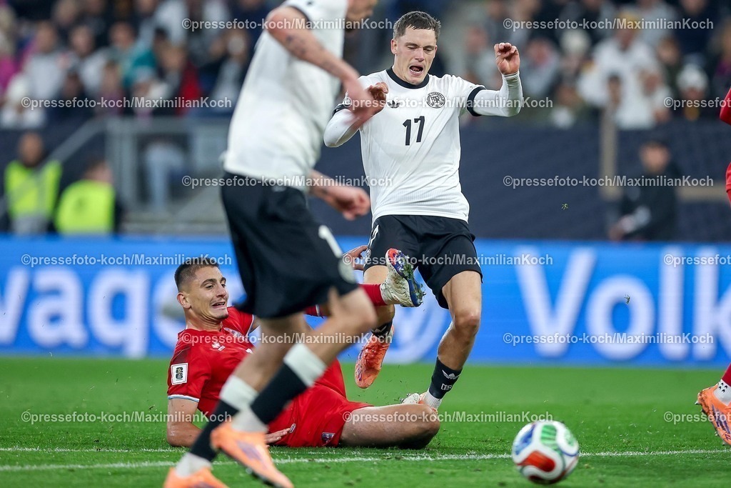 DFB10102502195 | 10.10.2025, Fußball, Länderspiel, Deutschland - Luxemburg, UEFA WM-Qualifikation, 2025/2026, Gruppe A, PreZero Arena in Sinsheim: Foulspiel Seid Korac (LUX #02) an Florian Wirtz (GER #17) DFB regulations prohibit any use of photographs as image sequences and or quasi-video.