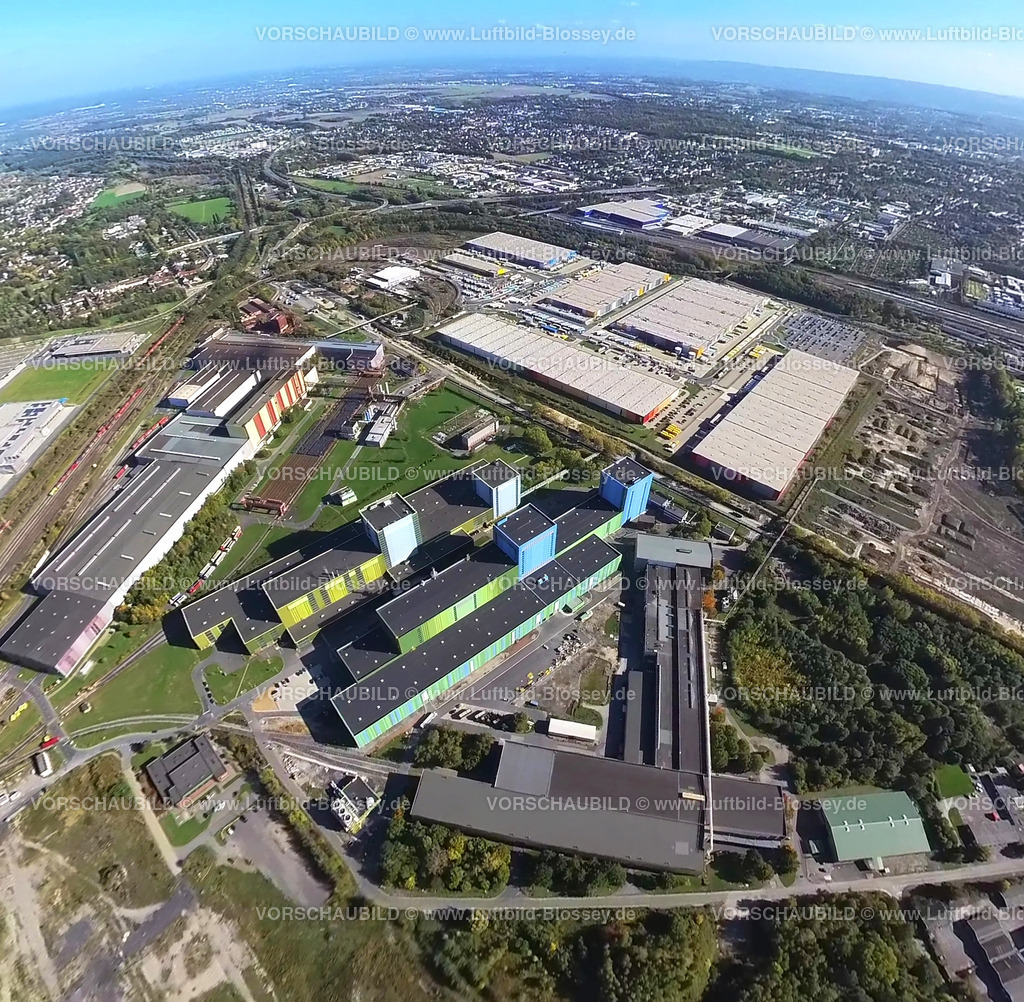 Dortmund221006_11ThyssenKruppSteel_Amazon | Luftbild, Westfalenhütte Gewerbegebiet, Amazon Logistik und thyssenkrupp Steel Europe, Fisheye Aufnahme, Fischaugen Aufnahme, 360 Grad Aufnahme, Borsigplatz, Dortmund, Ruhrgebiet, Nordrhein-Westfalen, Deutschland
