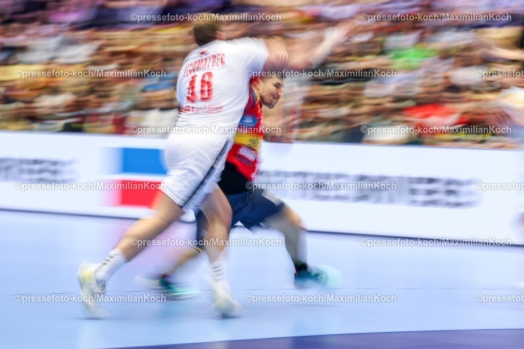 EHF15012601070 | 15.01.2026, Handball, Men's EHF EURO 2026, Spanien - Serbien, Jyske Bank Boxen in Herning, Dänemark, Preliminary Round: Dynamic Feature Speedshot longtimeexposure fighting Dynamic
