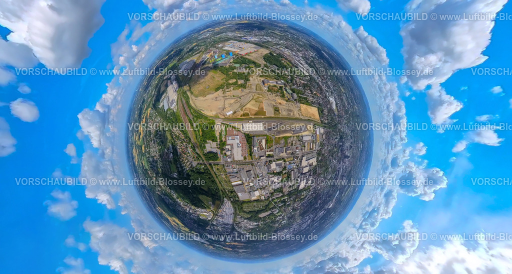 Dortmund230790015_HoeschAreal | Luftbild, Westfalenhütte Gewerbegebiet, Hoesch Areal, Erdkugel, Fisheye Aufnahme, Fischaugen Aufnahme, 360 Grad Aufnahme, tiny world, Borsigplatz, Dortmund, Ruhrgebiet, Nordrhein-Westfalen, Deutschland