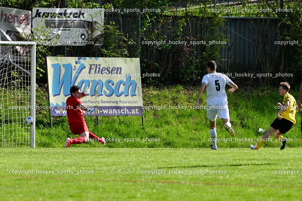 SC Magdalen vs. FC Faakersee | Tor FC Faakersee, #1 Sandro Julian Keckel SC Magdalen, #5 Marko Dardic SC Magdalen, #19 Fabian Rauscher FC Faakersee, SC Magdalen vs. FC Faakersee, SC Magdalen vs. FC Faakersee am 14.04.2024 in Villach (Sportplatz St. Magdalen), Austria, (Photo by Bernd Stefan)