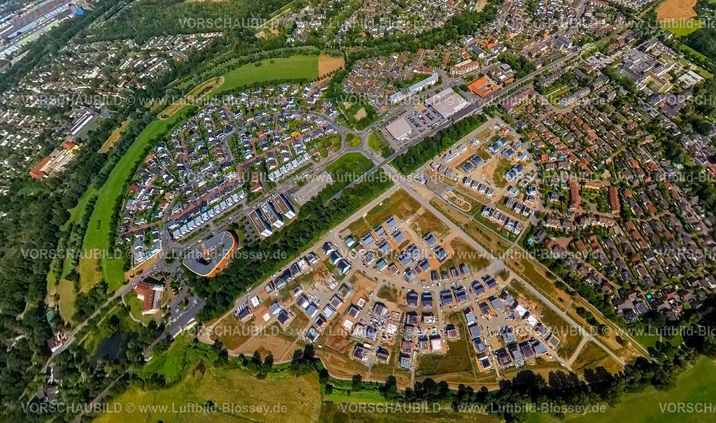 Duisburg230790231_Angerbogen_Huckingen | Luftbild, Angerbogen Neubau-Wohnsiedlung, Erdkugel, Fisheye Aufnahme, Fischaugen Aufnahme, 360 Grad Aufnahme, tiny world, Ungelsheim, Duisburg, Ruhrgebiet, Nordrhein-Westfalen, Deutschland