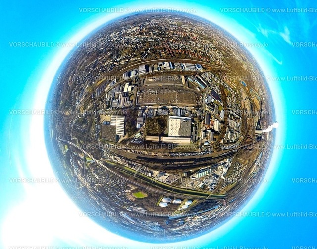 Bottrop240190195GewerbegebietAnDerKnippenburg | Luftbild, Gewerbegebiet Gohrweide An der Knippenburg, Baustelle mit Neubau Prologis Park Bottrop, Erdkugel, Fisheye Aufnahme, Fischaugen Aufnahme, 360 Grad Aufnahme, tiny world, little planet, fisheye Bild, Batenbrock-Süd, Bottrop, Ruhrgebiet, Nordrhein-Westfalen, Deutschland