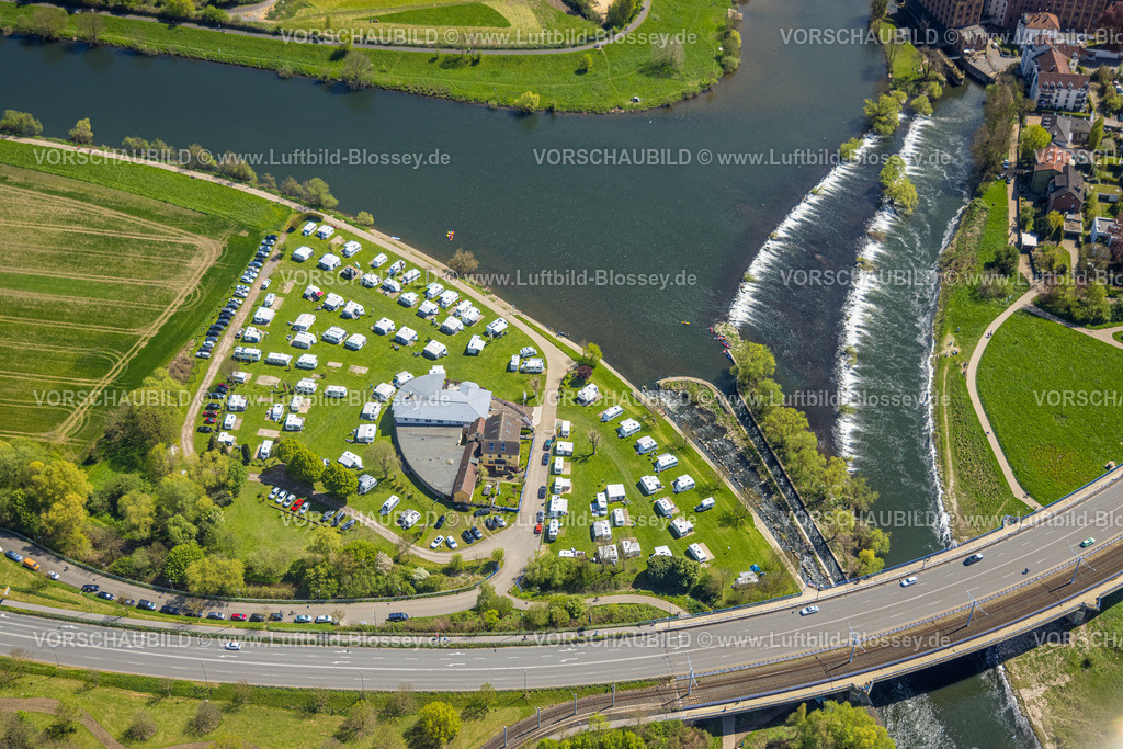 Hattingen230406877 | Luftbild, Ruhrbrücke Bochumer Straße, Campingplatz Ruhrbrücke, Ruhr-Wehr mit Bootsgasse und Fischtreppe, Hattingen, Ruhrgebiet, Nordrhein-Westfalen, Deutschland
