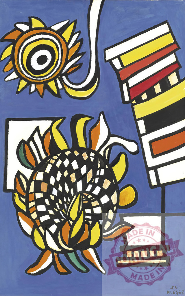 Fernand Léger cubism still life with sunflowers and abstract forms | Fernand Leger Abstract still life painting featuring stylized sunflowers with geometric shapes and vibrant colors - Realized with Pictrs.com