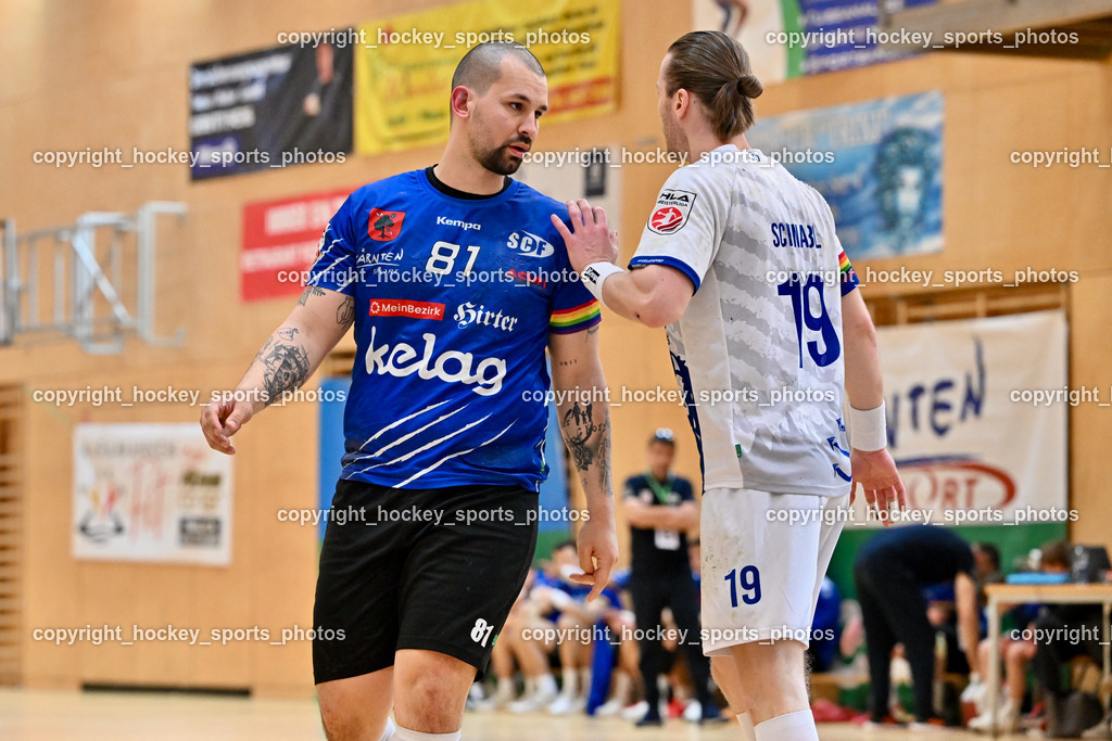 SC Ferlach vs. ALPLA HC Hard | #81 Milicevic Micha SC Ferlach, #19 SCHNABL Nico SC Hard, SC Ferlach vs. ALPLA HC Hard, SC Ferlach vs. ALPLA HC Hard am 05.04.2025 in Ferlach (Ballspielhalle Ferlach), Austria, (Photo by Bernd Stefan)