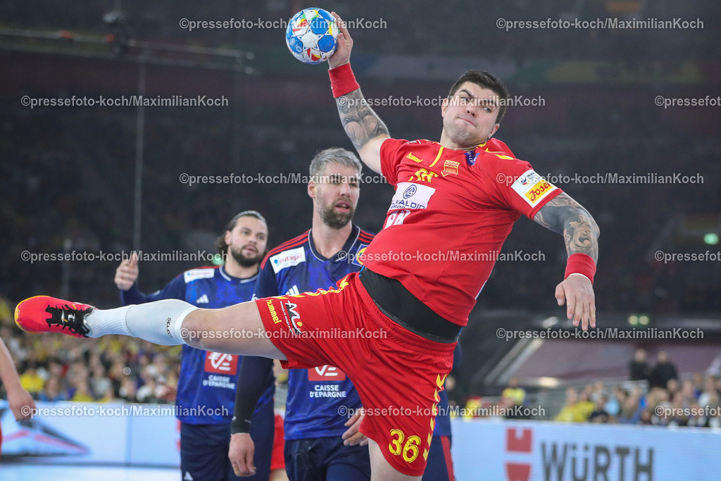EHFEURO10012401026 | 10.01.2024, EHF EURO 2024, Männer Europameisterschaft Handball, MERKUR Spiel-Arena in Düsseldorf, Frankreich - Nordmazedonien: Milan Lazarevski (Nordmazedonien)