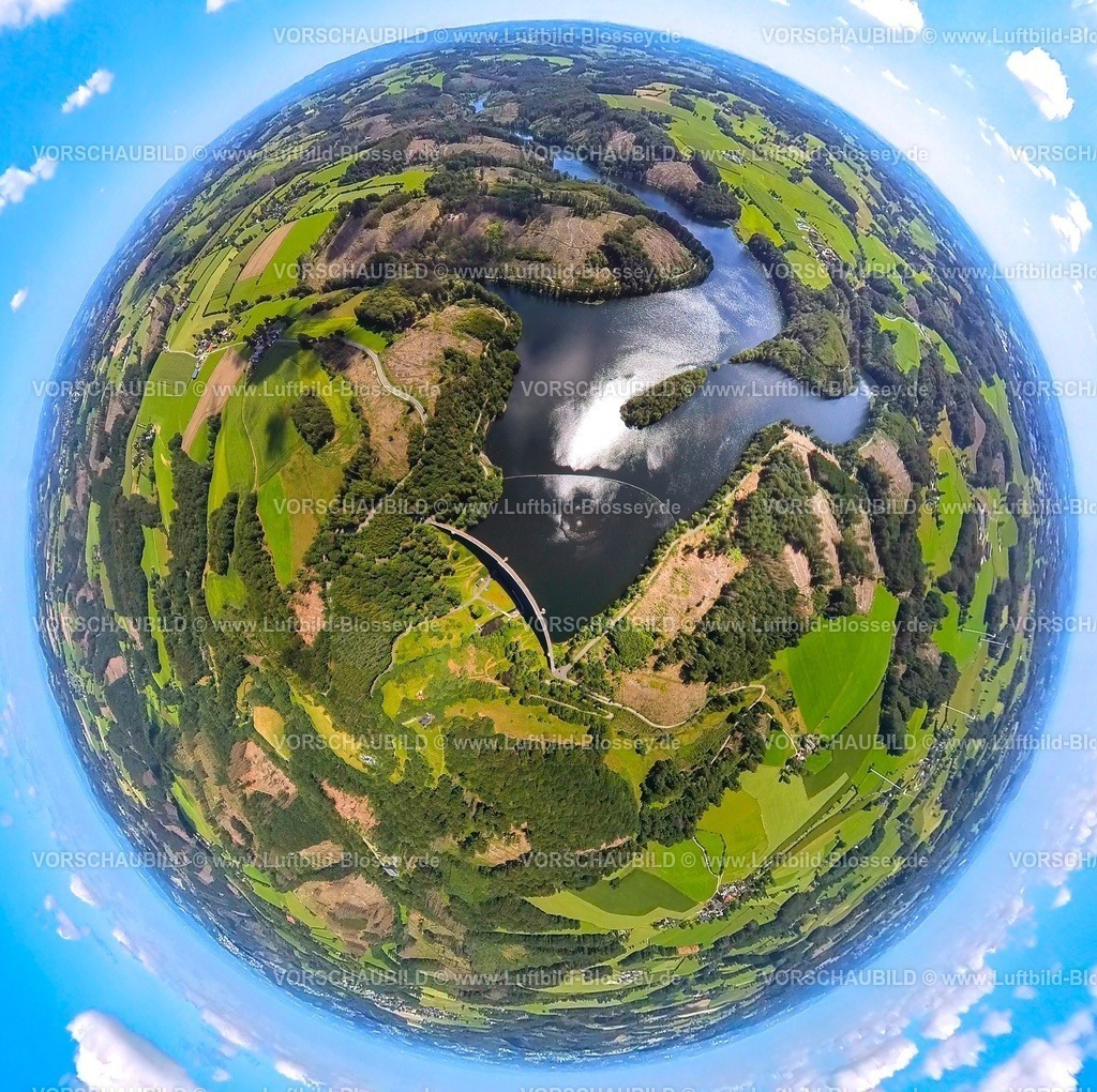 Ennepetal230890039 Ennepetalsperre | Luftbild, Ennepetalsperre mit Staumauer, Wiesen und Felder, Erdkugel, Fisheye Aufnahme, Fischaugen Aufnahme, 360 Grad Aufnahme, Boßel, Breckerfeld, Ruhrgebiet, Nordrhein-Westfalen, Deutschland