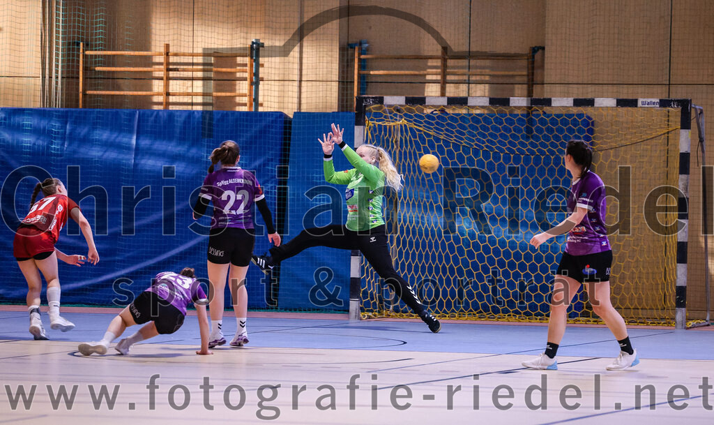 2025-02-22_056_SpVgg_Altenerding_gegen_TG_Landshut | Erding, Deutschland, 22.02.2025:Handball, Bezirksoberliga Frauen Altbayern 2024 / 2024, 15. Spieltag, SpVgg Altenerding gegen TG Landshut, Endergebnis: 25:22Nadine Schlegel (TG Landshut, #57), Katharina Künstner (SpVgg Altenerding, #23), Johanna Taubmann (SpVgg Altenerding, #22), Torfrau Hanna Obermair (SpVgg Altenerding, #1), Janina Konrad (SpVgg Altenerding, #2)Foto: Christian Riedel / fotografie-riedel.net