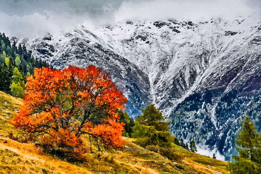 PAD2_RH_HerbstBaum-SchneeBerg_150x100 | DIGITALKUNST. Herbst am Munt Baselgia bei Zernez im Unterengadin. 
__ Das Basisfoto für dieses malerisch verwandelte Werk hat der Schweizer Hobbyfotograf Rene Hinder gemacht und es Bernt Hoffmann für dessen Kunstpart zur Verfügung gestellt. - Realisiert mit Pictrs.com
