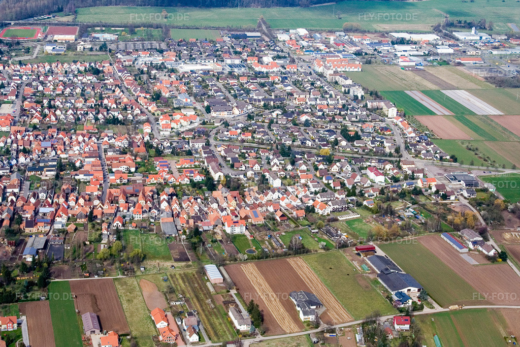 Luftbild: Stadt von Süden in Offenbach an der Queich im Bundesland Rheinland-Pfalz in Deutschland. Foto: IMG_9715.jpg vom 15.03.2008 durch Werner Riehm/FLY-FOTO.de