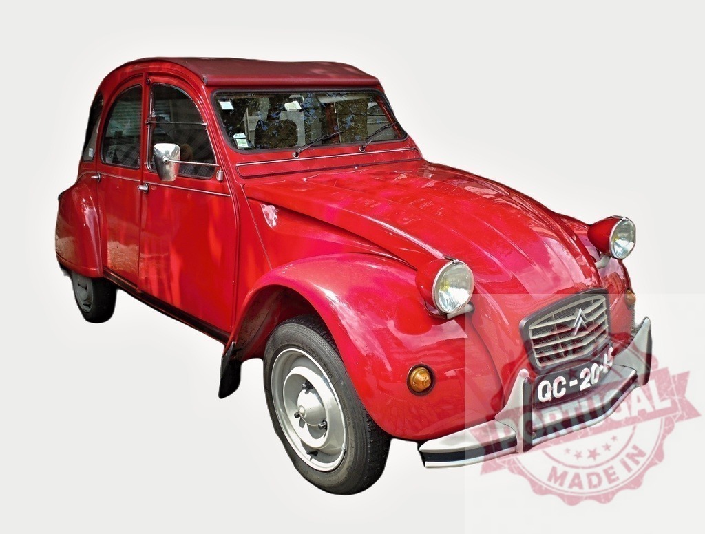 Red Citroën 2CV parked, showing its vintage charm | Classic red Citroën 2CV parked, embodying vintage automotive design - Realisiert mit Pictrs.com