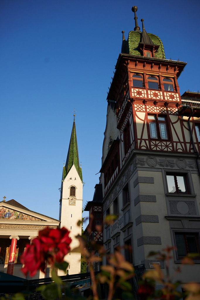 St. Martinskirche und Luger Haus | Dornbirn, Austria - June 07, 2014: St. Martinskirche und Luger Haus am Dornbirner Marktplatz. - Realisiert mit Pictrs.com