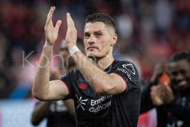 German Bundesliga, Bayer 04 Leverkusen vs. RB Leipzig, 02.05.2026 | LEVERKUSEN, GERMANY - MAY 2, 2026 :  Patrik Schick (Bayer 04 Leverkusen, 14) celebrating his 3 goals after the German Bundesliga match on gameday 32 between Bayer 04 Leverkusen vs. RB Leipzig at BayArena on May 2, 2026 in Leverkusen, Germany. DFL REGULATIONS PROHIBIT ANY USE OF PHOTOGRAPHS AS IMAGE SEQUENCES AND/OR QUASI-VIDEO.