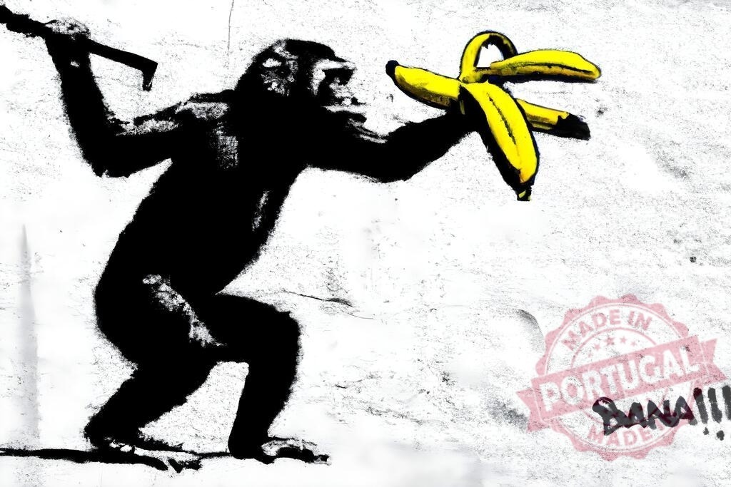 Banksy style chimp holding banana peel and spear. Banski Style | Chimpanzee stencil art holding a banana peel and spear on a white wall - Realized with Pictrs.com