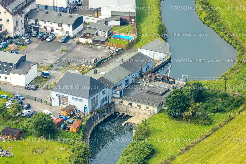 Meschede250807018 | Luftbild, Wasserkraftwerk Freienohl am Fluss Ruhr Untergraben, Freienohl, Meschede, Sauerland, Nordrhein-Westfalen, Deutschland