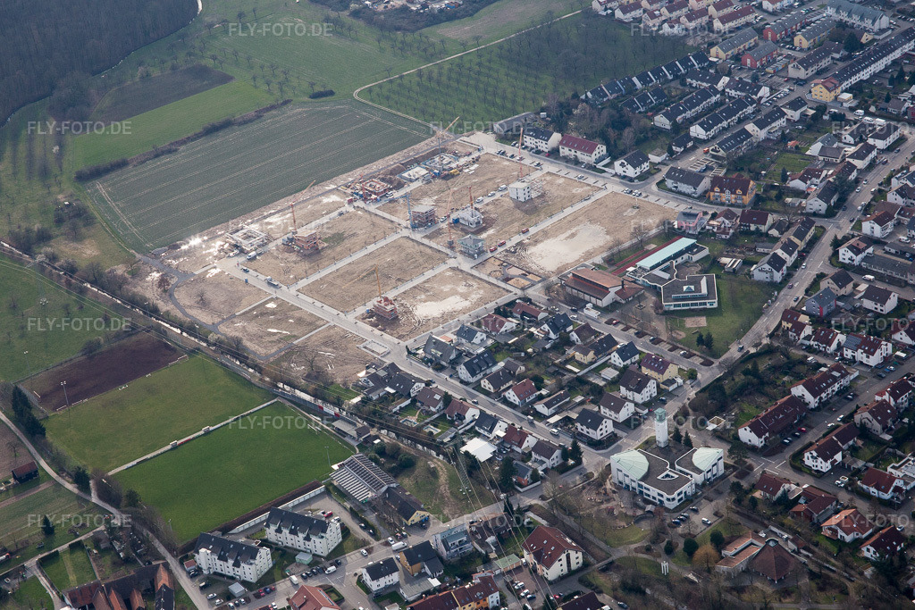Luftbild: Neubaugebiet Im Lachenfeld im Ortsteil Büchig in Stutensee im Bundesland Baden-Württemberg in Deutschland. Foto: IMG_086352.jpg vom 26.02.2016 durch Werner Riehm/FLY-FOTO.de