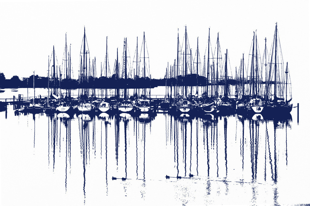 Photoart: Yachthafenspiegelung an der Schlei | Dieses Wandbild im Querformat zeigt den Yachthafen in Lindaunis mit schöner Spiegelung. Die dunklen Bereiche sind dunkelblau und die hellen Bereiche sind weiß. Im Vordergrund schwimmen einige Enten auf der Schlei. - Realisiert mit Pictrs.com
