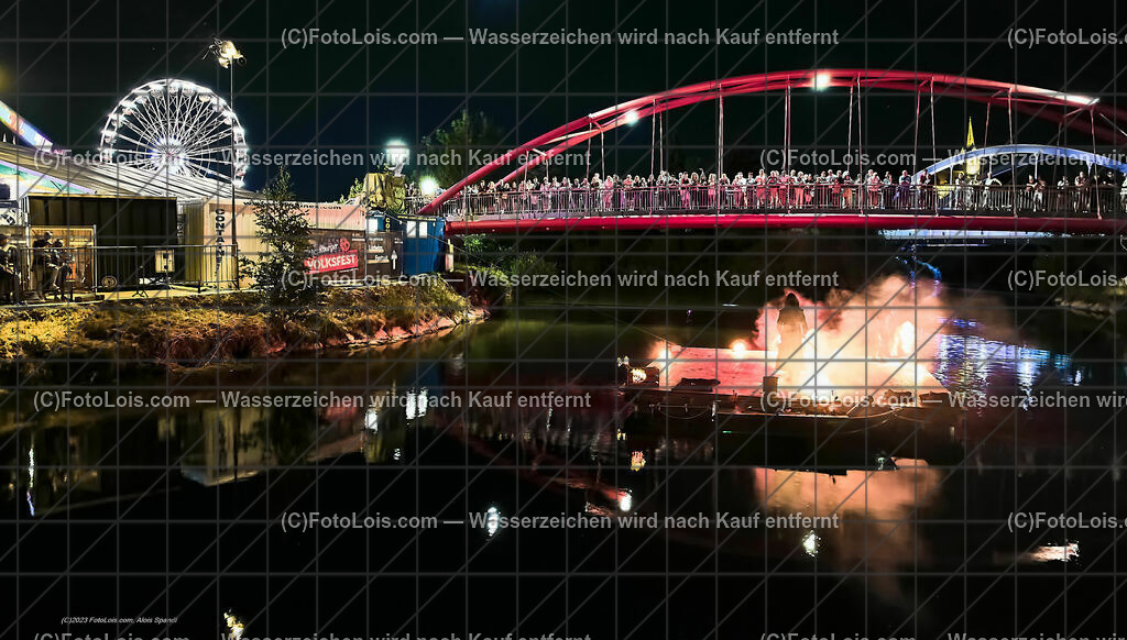 0584_Luftbild_VOLKSFEST-Wlbg_InselFeuer-Show | (C)FotoLois.com, Alois Spandl, Luftbild, Wieselburger VOLKSFEST neu, Feuershow auf der Erlaufinsel unter den Brücken, Do 29. Juni 2023.