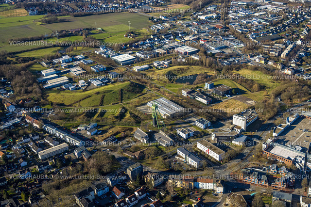 Castrop-Rauxel240106204 | Luftbild, Gewerbegebiet Erin Park mit Förderturm, Achsenkreuz mit Baumallee an Erinstraße und Am Förderturm, Castrop-Rauxel, Ruhrgebiet, Nordrhein-Westfalen, Deutschland