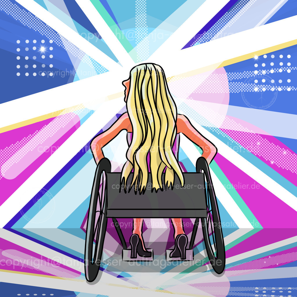 Rollstuhl_Disco D | Eine Rollstuhlfahrerin ist in einem Raum voller Scheinwerfer Lichter und glitzernden Strahlern. Sie nimmt am Leben teil. Beispielsweise ist sie in einer Disco, auf einer Tanzfläche, auf einer Bühne oder einer Silvesterparty. 