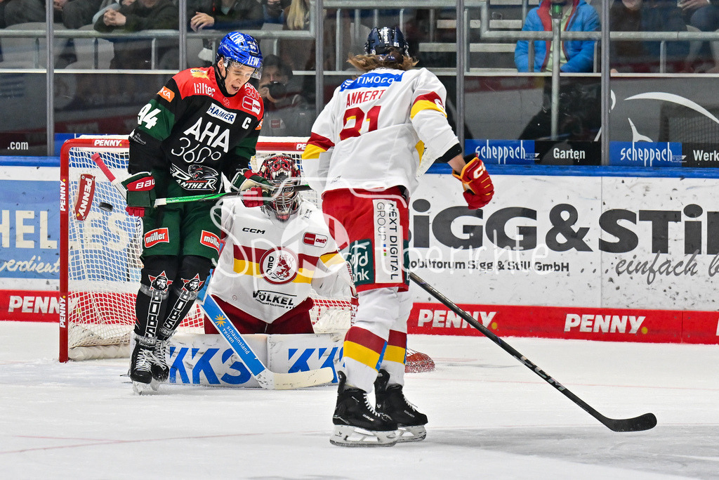 Augsburger Panther - Düsseldorfer EG | Ein Schuss der Panther geht knapp am Tor vorbei / DEL: Augsburger Panther - Duesseldorfer EG, Curt Frenzel Stadion am 04.03.2025