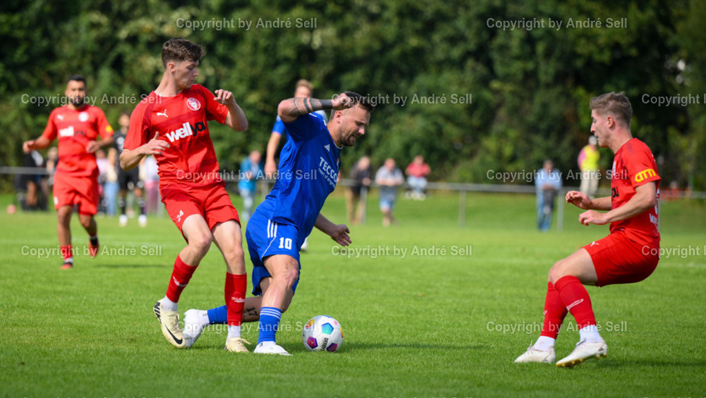 SpVg Eidertal Molfsee vs FC Kilia Kiel | Tom Wüllner (Molfsee #10) / Marvin Müller (Kilia #24) &amp; Tom Warncke (Kilia #5) - Fußball-Oberliga Männer 2024/2025 / SpVg Eidertal Molfsee vs FC Kilia Kiel / Platz A / Molfsee / 25.08.24 - Realisiert mit Pictrs.com