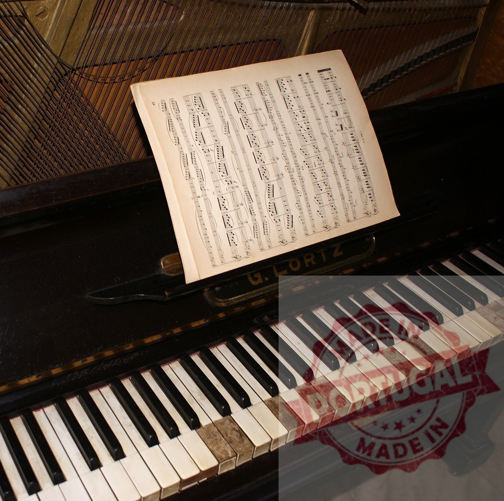 Sheet music placed on vintage upright G. Loritz piano keyboard | Vintage upright piano with sheet music placed on the keyboard, ready for playing - Realized with Pictrs.com