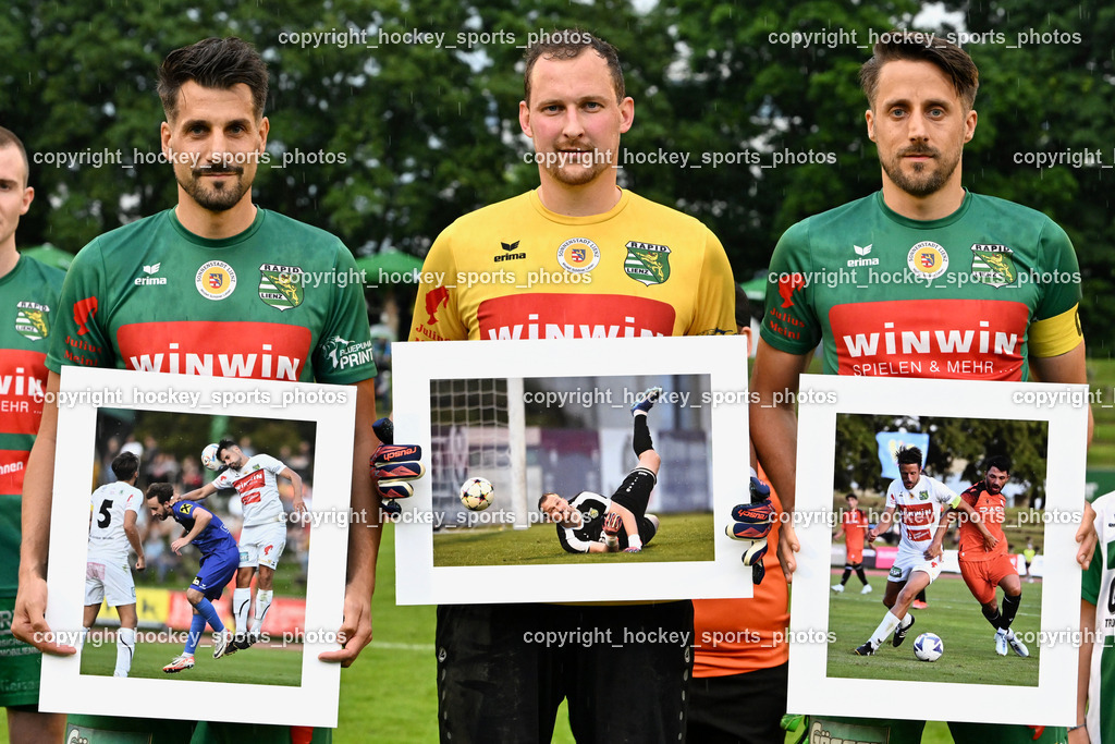 SV Rapid Lienz vs. URC Thal Assling | Spieler Ehrung SV Rapid Lienz, #2 Patrick Eder Rapid Lienz, #1 Julian Weiskopf Rapid Lienz, #5 Manuel Eder Rapid Lienz, SV Rapid Lienz vs. URC Thal Assling, SV Rapid Lienz vs. URC Thal Assling am 08.06.2024 in Lienz (Dolomiten Satadion), Austria, (Photo by Bernd Stefan)