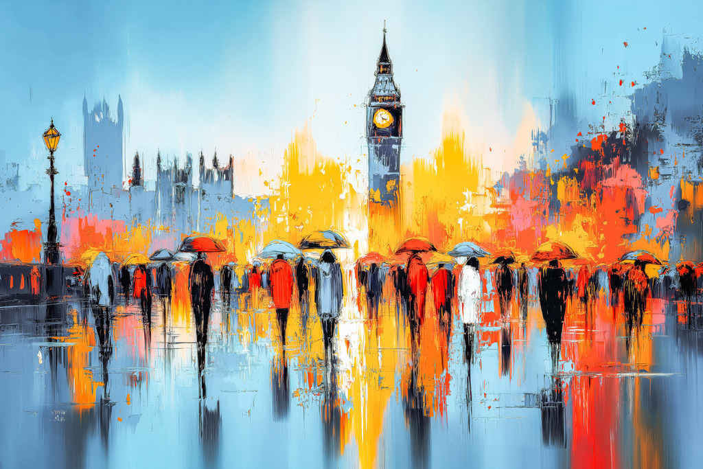 2510002 - Abstraktes London | Menschen in London vor dem Big Ben. London Motiv als hochwertiger Kunstdruck. Wähle Ausführung und Format direkt über "Bestellen".