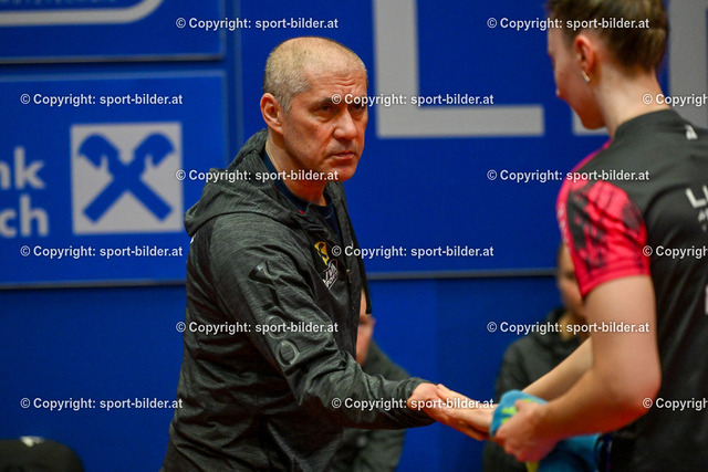 AUT, Tischtennis ETTU Womans Champions League Semi Final 2, Linz AG Froschberg (AUT) vs Metz TT (FRA) | 19.02.2023, Sportpark Lissfeld, AUT, Tischtennis ETTU Womans Champions League Semi Final 2, Linz AG Froschberg (AUT) vs Metz TT (FRA), im Bild Zsolt Harczi, Trainer Linz AG Froschberg (Froschberg Linz), Sofia Polcanova (Froschberg Linz)


// ETTU, Tischtennis Womans Champions League Semi Final 2 between Linz AG Froschberg (AUT) vs Metz TT (FRA) in Linz, Austria on 2023/02/19