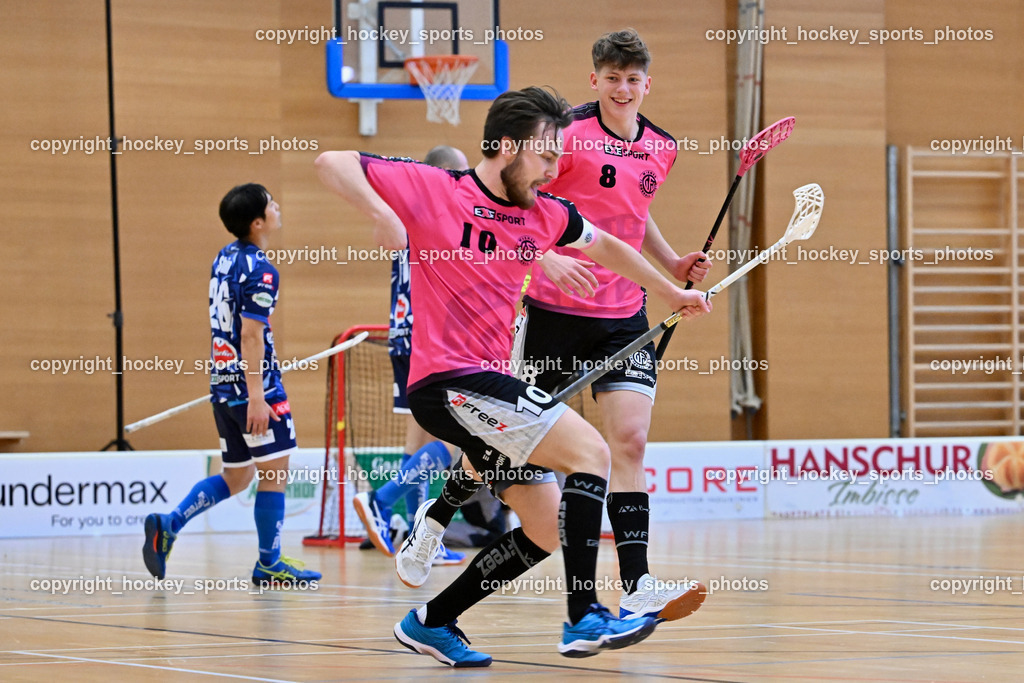 VSV Unihockey vs. Wiener Floorballferein 6.4.2024 | #10 Philipp Horn Wiener Floorballverein, #8 Maximilian Kuscher Wiener Floorballverein, VSV Unihockey vs. Wiener Floorballferein 6.4.2024, VSV Unihockey vs. Wiener Floorballferein  am 06.04.2024 in Villach (Ballspielhalle St. Martin), Austria, (Photo by Bernd Stefan)
