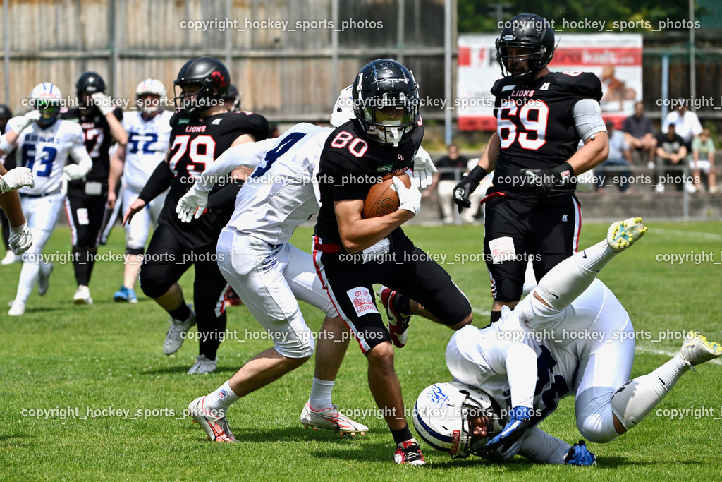Carinthian Lions vs. Cineplexx Blue Devils | #80 Pacella Alessandro Carinthian Lion, #69 Mairitsch Andreas Carinthian Lion, #79 Schmied Benjamin Carinthian Lion, Carinthian Lions vs. Cineplexx Blue Devils, Carinthian Lions vs. Cineplexx Blue Devils am 09.06.2025 in Klagenfurt (ASV Sportplatz), Austria, (Photo by Bernd Stefan)