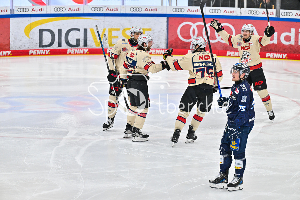 ERC Ingolstadt - Nuernberg Ice Tigers | Jubel der Gaeste nach dem Treffer zum 0-1 durch Hayden SHAW (Nuernberg Ice Tigers 82) / Tor / Torschuetze / Freude / Happy / DEL: ERC Ingolstadt - Nuernberg Ice Tigers, Saturn-Arena am 26.03.2025