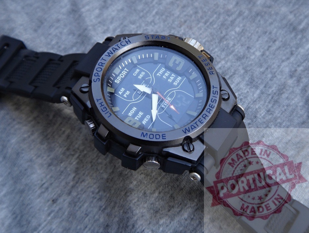 Black digital sport watch showing water resist feature | Durable sport watch displaying time and date functions for active lifestyle - Realized with Pictrs.com