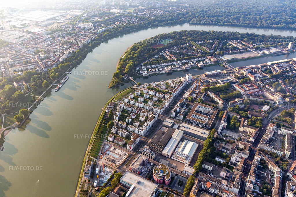 Luftbild: Wohnen am Fluß, Rheinschanzenpromenade im Ortsteil Süd in Ludwigshafen im Bundesland Rheinland-Pfalz in Deutschland. Foto: IMG_116903.jpg vom 25.08.2019 durch Werner Riehm/FLY-FOTO.de