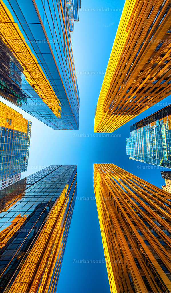 Downtown High Rise Buildings Looking Up | A vibrant perspective of high-rise buildings, showcasing golden reflections and a deep blue sky. This artwork brings an energetic, modern touch, ideal for office spaces or urban-inspired decor. - Realisiert mit Pictrs.com