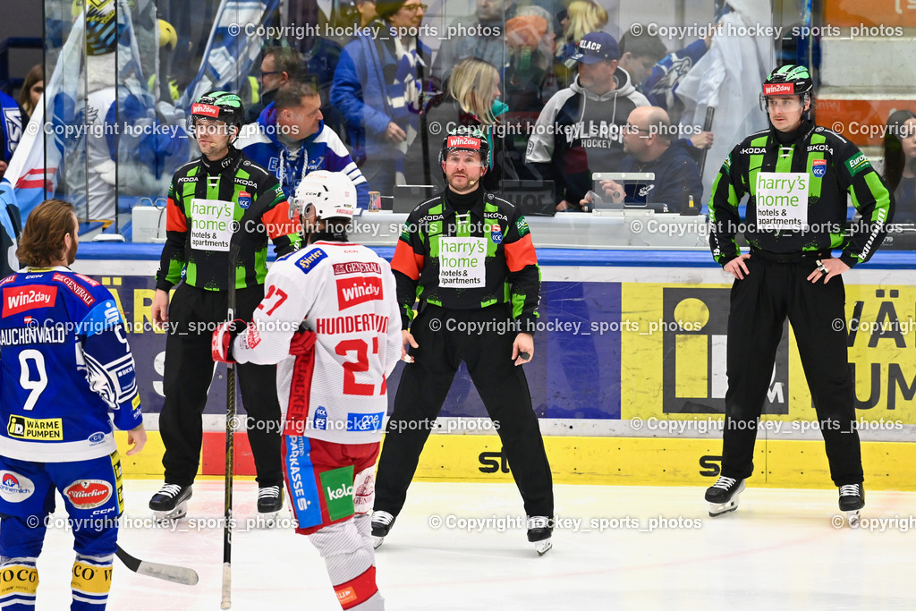 EC IDM WÄRMEPUMPEN VSV vs. EC KAC | #9 RAUCHENWALD Alexander EC VSV, #27 Hundertpfund Thomas EC KAC, Hornsky Tomas Referee, Nikolic Manuel Referee, Durmis Oto Referee, EC IDM WÄRMEPUMPEN VSV vs. EC KAC, EC IDM WÄRMEPUMPEN VSV vs. EC KAC am 02.02.2025 in Villach (Stadthalle Villach), Austria, (Photo by Bernd Stefan)