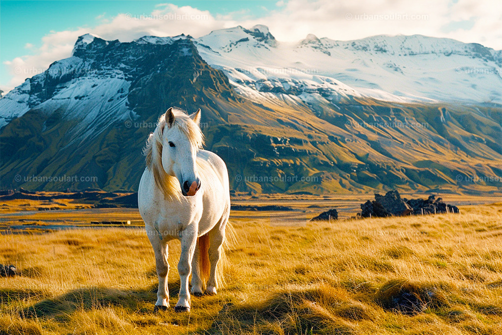Icelandic Horse In The Grassy Mountains | This stunning portrayal of an Icelandic horse standing proudly in a mountainous landscape captures the majesty of nature. Ideal for equestrian enthusiasts and nature lovers, this piece brings a sense of wilderness and calm to any room. - Realisiert mit Pictrs.com