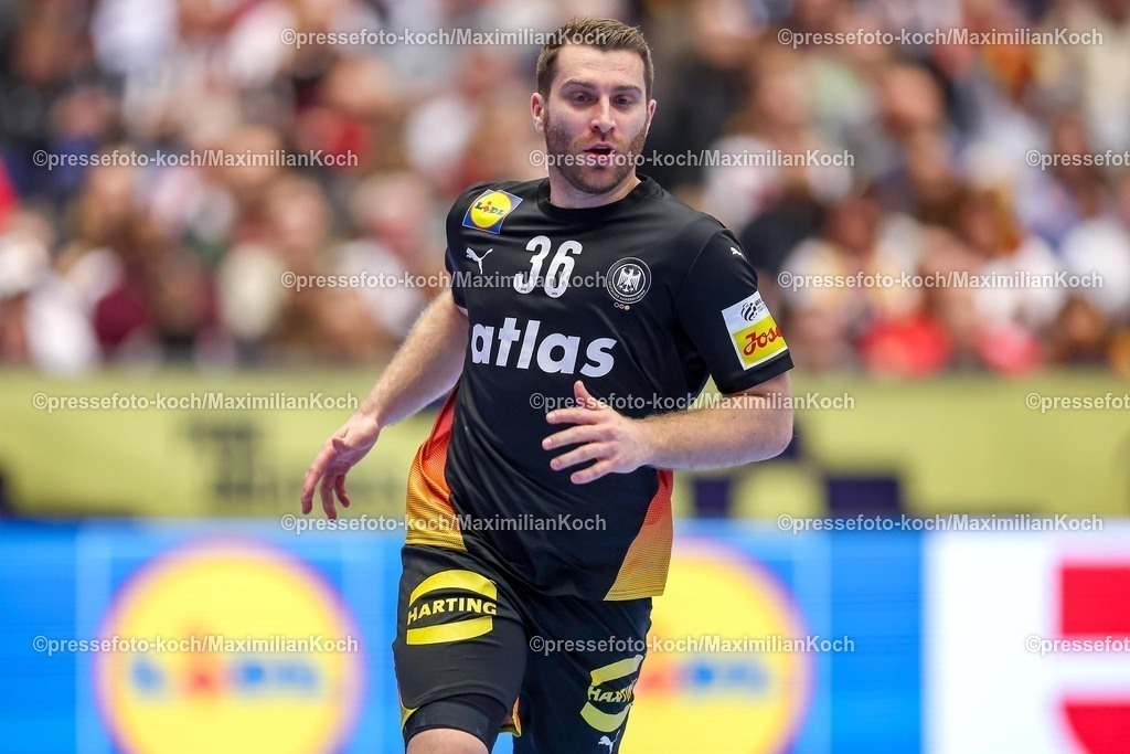 EHF19012602131 | 19.01.2026, Handball, Men's EHF EURO 2026, Deutschland - Spanien, Jyske Bank Boxen in Herning, Dänemark, Preliminary Round:  Lukas Mertens (Germany #36) 