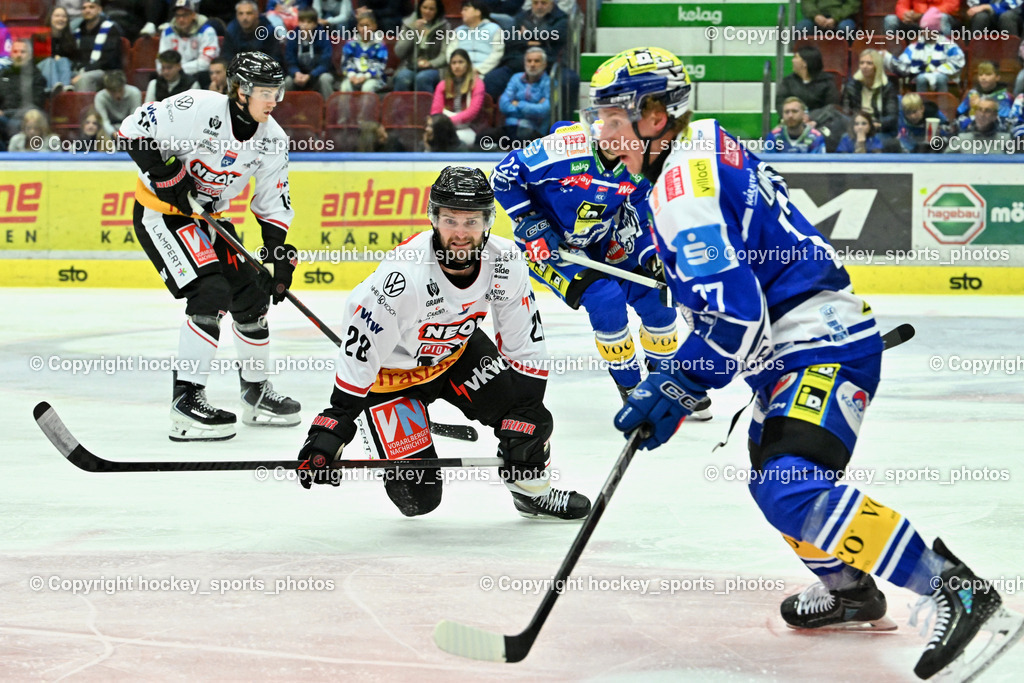 EC IDM Wärmepumpen VSV vs. Pioneers Vorarlberg | #77 Philipp Lindner EC VSV, #28 Louie Roehl Pioneers Vorarlberg, EC IDM Wärmepumpen VSV vs. Pioneers Vorarlberg, EC IDM WÄRMEPUMPEN VSV vs. Pioneers Vorarlberg am 03.10.2025 in Villach (Stadthalle Villach), Austria, (Photo by Bernd Stefan)