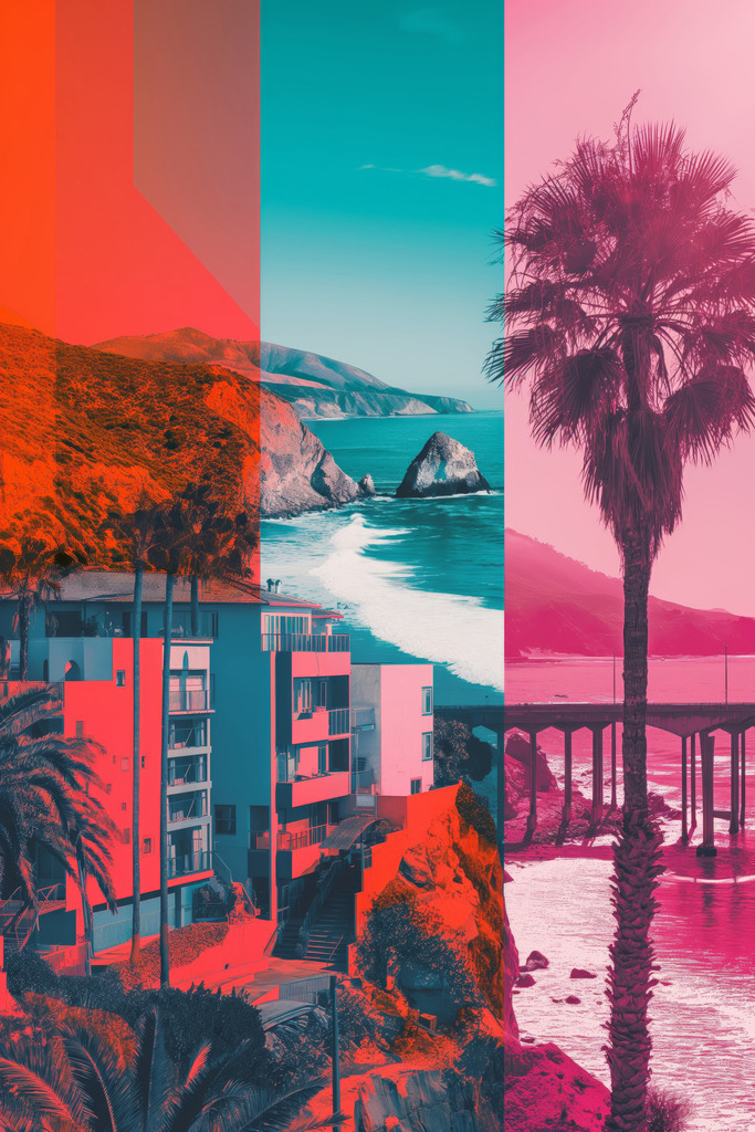 2406026 - Kalifornien | Illustration mit kalifornischen Motiven im Stil einer Fotocollage.