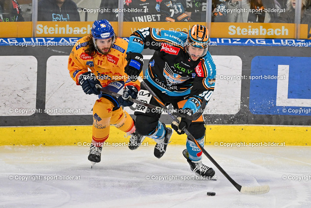 AUT, ICE, Black Wings Linz (AUT) vs Asiago Hockey (ITA) | 01.10.2024, Eishalle Linz, AUT, ICE Eishockey Liga, Black Wings Linz (AUT) vs Asiago Hockey (ITA), im Bild Giovanni Luigi Domenico Vallati of Migross Supermercati Asiago Hockey, Julian Pusnik of Steinbach Black Wings Linz// ICE win2day Hockey League Match between Black Wings Linz (AUT) vs Asiago Hockey (ITA) in Linz, Austria on 2024/10/01